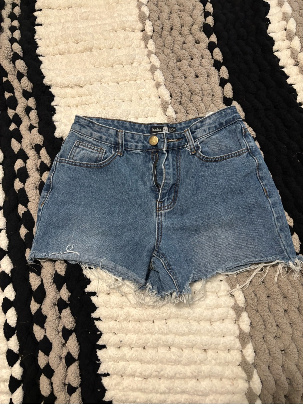 Boohoo Blue Denim High-Rise Frayed Hem Jean Shorts